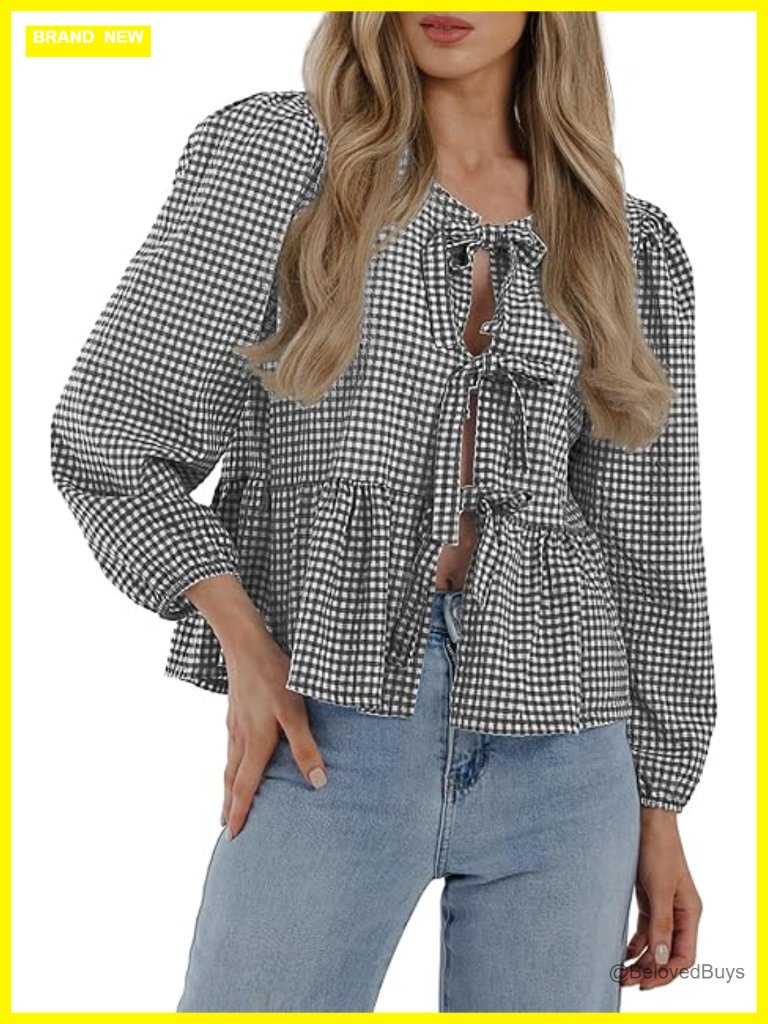 Puff Long Sleeve Babydoll Peplum Blouse With Bow Tie Front